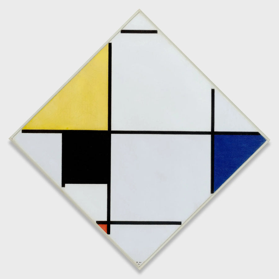 Sarı, siyah, mavi, kırmızı ve gri ile elmas biçiminde kompozisyon - Piet Mondrian