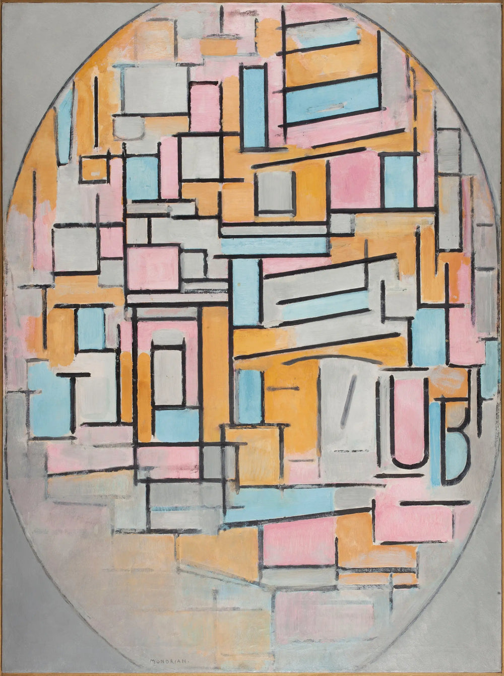 Reproduction du tableau « Composition ovale avec panneaux de couleur 2 - Piet Mondrian » par Alpha Reproduction en peinture à l’huile