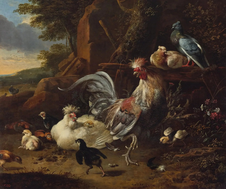 Horoz, tavuklar ve diğer kümes hayvanları bir avluda - Melchior de Hondecoeter