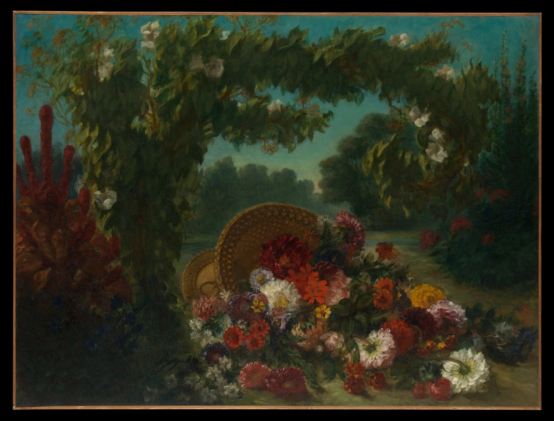 Bir bahçede devrilmiş çiçek sepeti - Eugène Delacroix