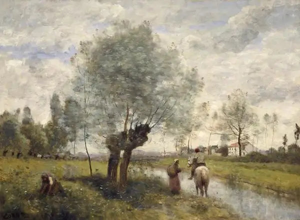 Coubron. Bir söğüt ağının yanında bir yolda geçen atlı - Jean-Baptiste Camille Corot
