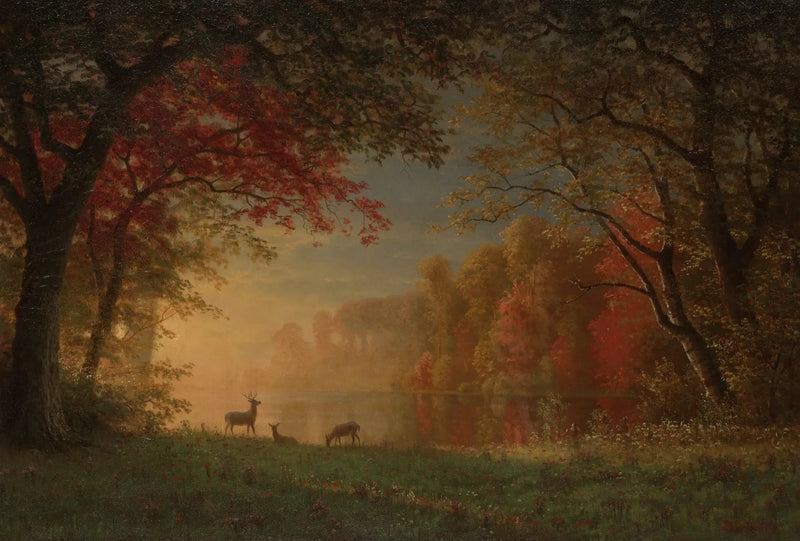 Hintli Gün Batımı: Bir Göl Kenarında Geyik - Albert Bierstadt