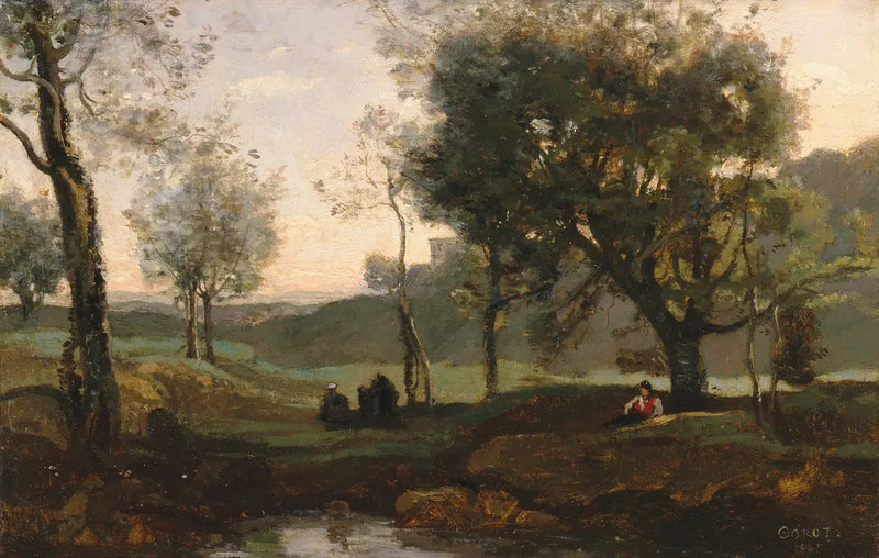 Gün batımı: ağaçlar altındaki figürler - Jean-Baptiste Camille Corot