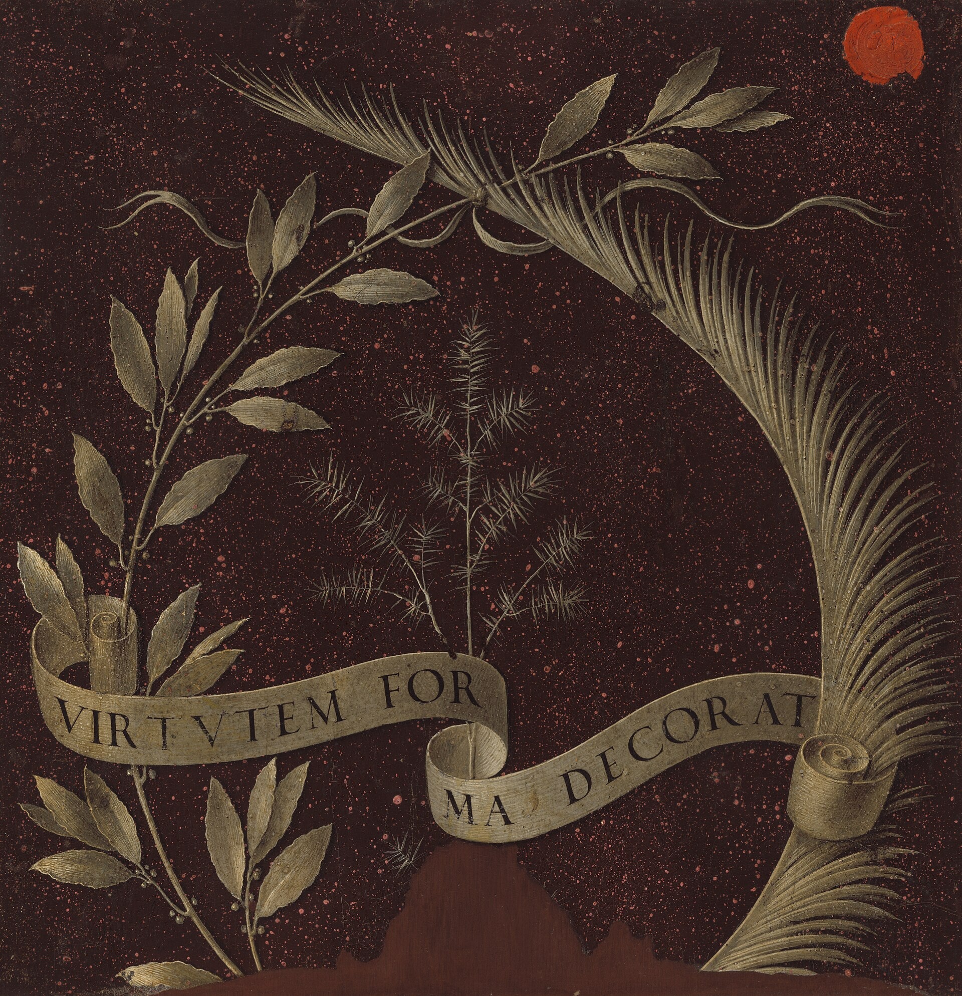 Reproduction du tableau « Couronne de laurier, de palmier et de genévrier avec un parchemin portant l'inscription Virtutem Forma Decorat [revers] - Léonard de Vinci » par Alpha Reproduction en peinture à l’huile