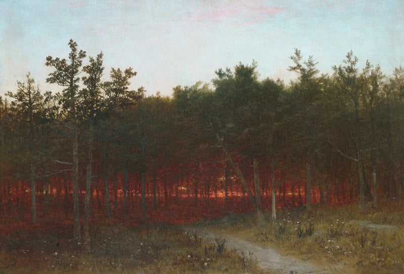 Darien, Connecticut'ta Çamlar Arasında Gün Batımı - John Frederick Kensett