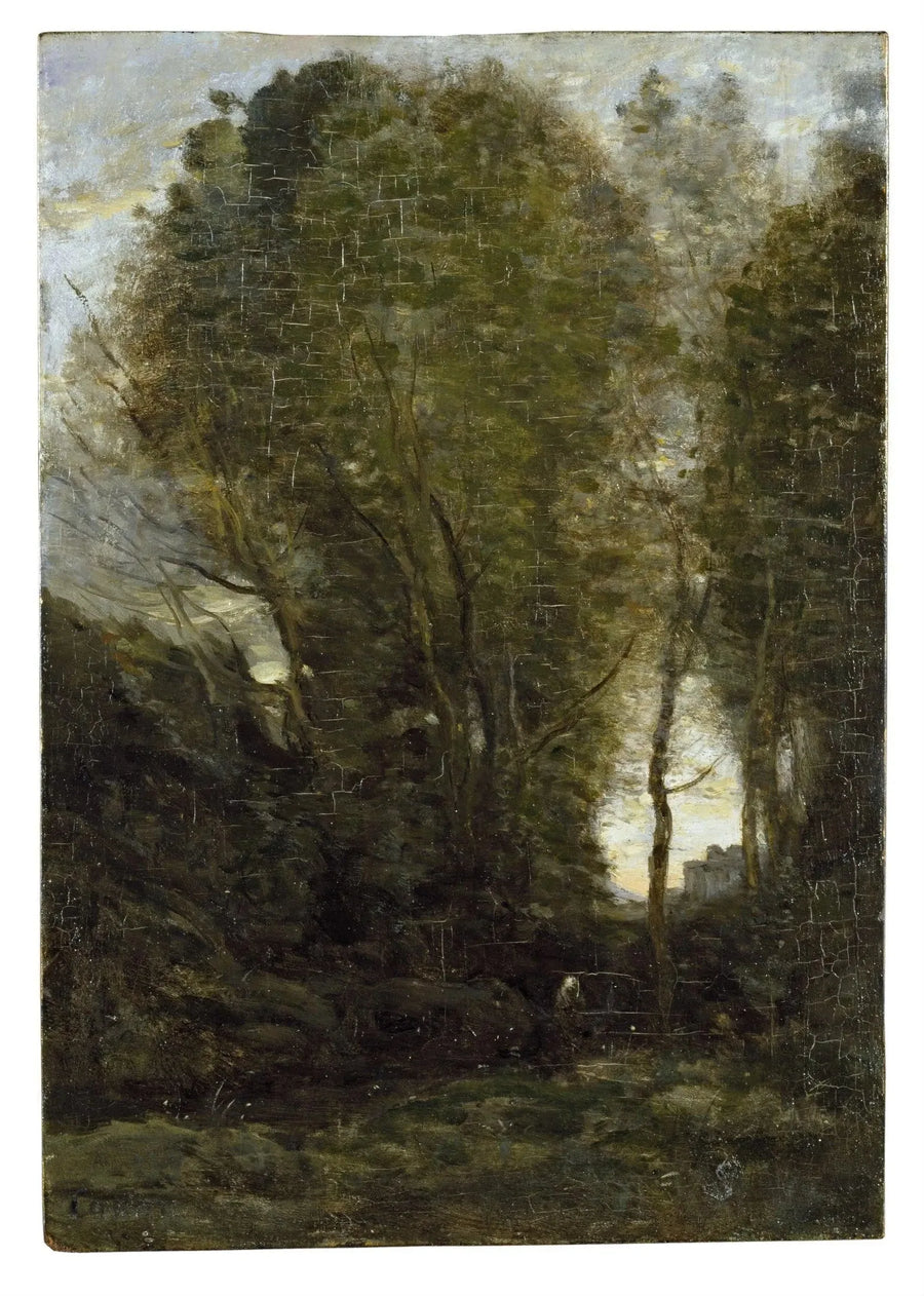 Alacakaranlık: Büyük ağaçlar ve kadın figürüyle manzara - Jean-Baptiste Camille Corot