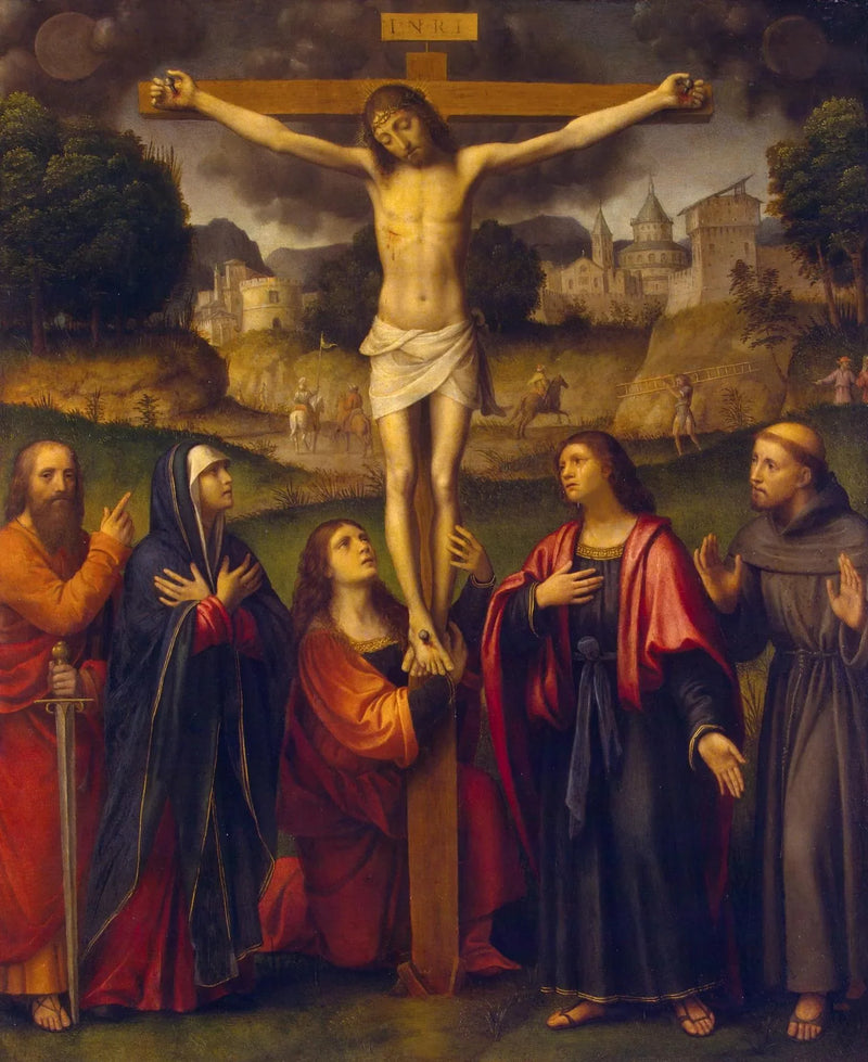 İsa'nın Çarmıha Gerilişi, Meryem Ana ve Azizler Pavlus, Meryem Magdalene, Yuhanna ve Fransız - Bernardino Luini