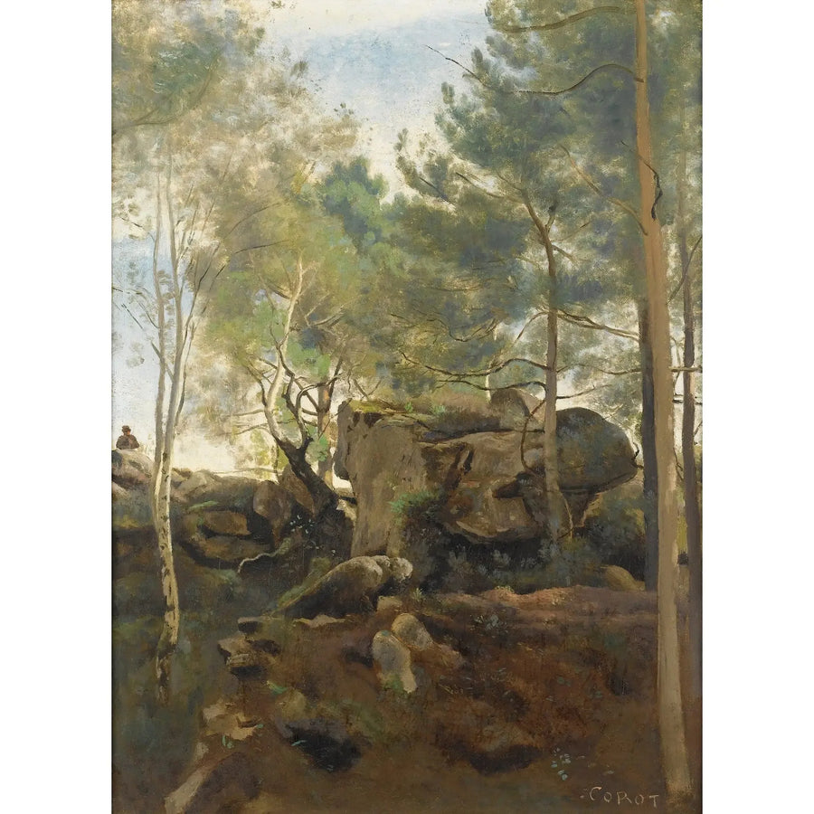 Fontainebleau Ormanı'nda. Kayalarda çam ve huş ağaçları - Jean-Baptiste Camille Corot