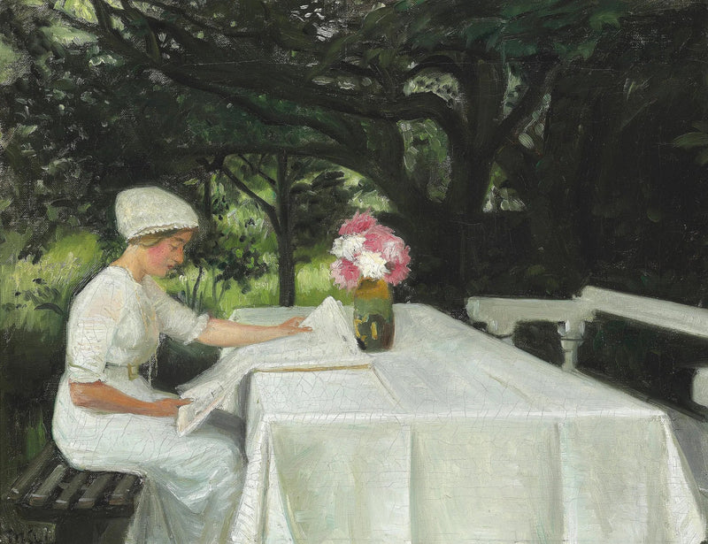 Skagen'de bir bahçede. Genç bir kadın gazete okuyor. - Michael Peter Ancher