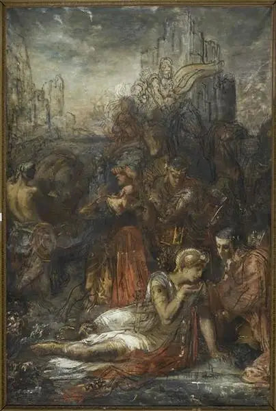 Darius, Arbelles Savaşı'ndan kaçarken, yorgunluktan bitap düşerek bir gölette içmek için duruyor - Gustave Moreau