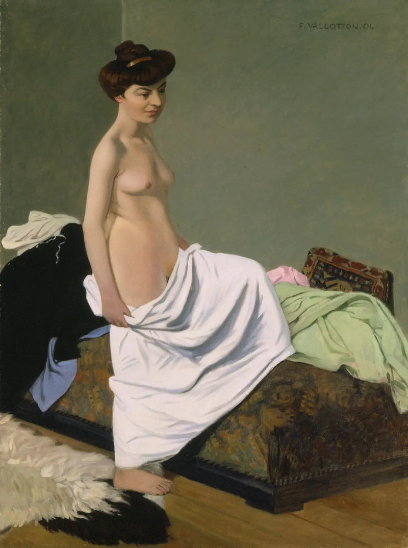 Çıplak ayakta dururken dizlerinin üzerinde bir elbise tutan - Félix Vallotton