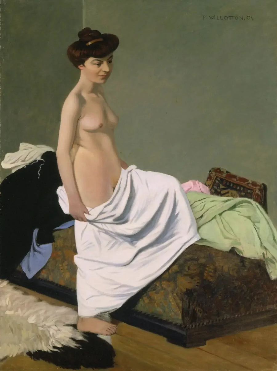 Çıplak ayakta dururken dizlerinin üzerinde bir elbise tutan - Félix Vallotton