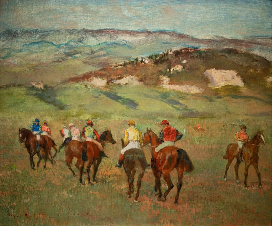 Uzak tepelerin önünde atlı jokeyler - Edgar Degas