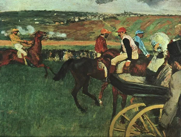 Yarış pisti. Bir arabanın yanında amatör jokeyler - Edgar Degas