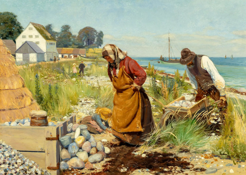 İnsanlar Danimarka'daki Stevns'te bir plaj yakınında molozları kesiyor. - H. A. Brendekilde