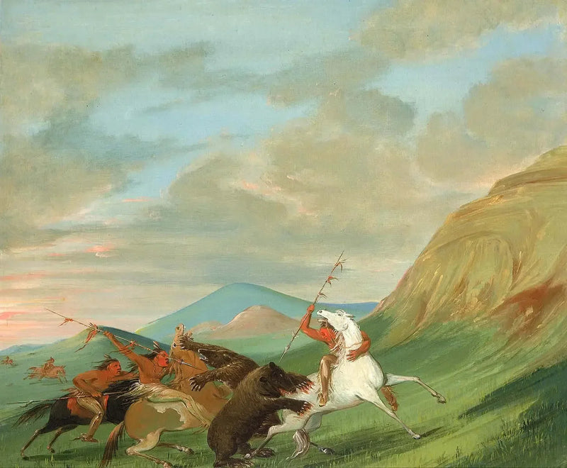 Grizzlisler, at üzerinde Hintlilere saldırıyor - George Catlin