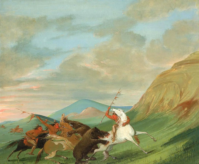 Grizzlisler, at üzerinde Hintlilere saldırıyor - George Catlin