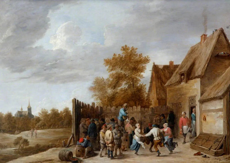 Bir köylü kadınlar bir meyhane önünde dans ediyor, uzakta bir köy kilisesi var - David Teniers genç