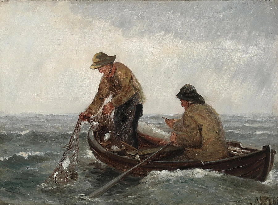Şişme botta balıkçılar ağlarını topluyor. - Michael Peter Ancher