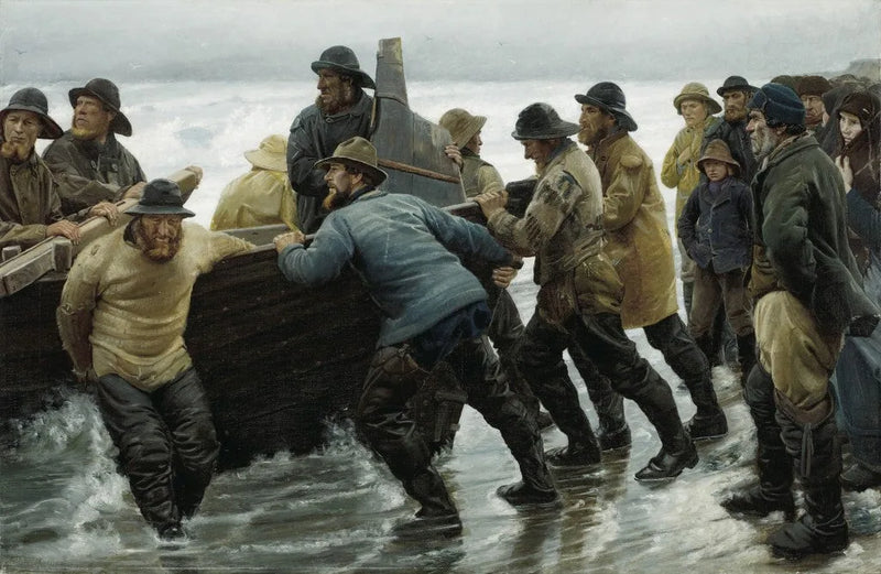 Balıkçılar kürekli bir kayığı suya indiriyor - Michael Peter Ancher