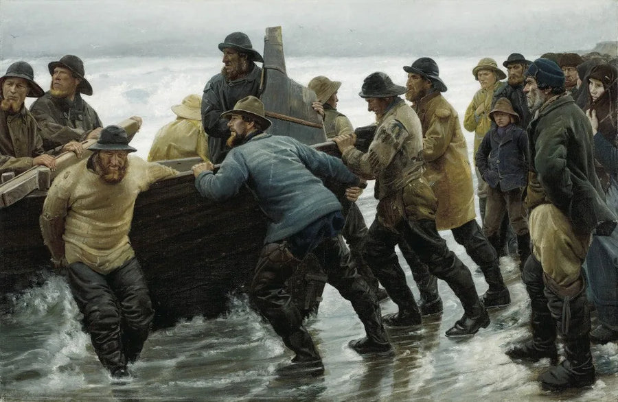 Balıkçılar kürekli bir kayığı suya indiriyor - Michael Peter Ancher