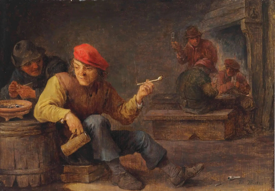 Bir meyhanede kaba saba insanlar içip sigara içiyor - David Teniers le Jeune