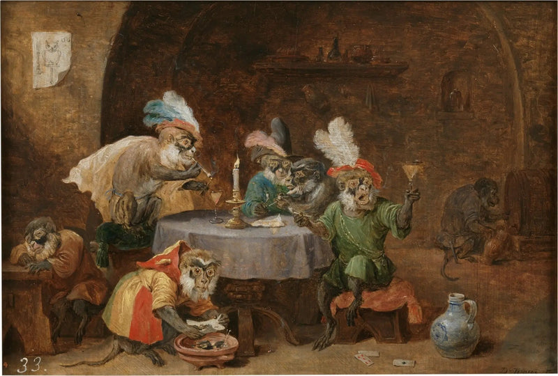 Sigara içen ve içki içen maymunlar - David Teniers le Jeune