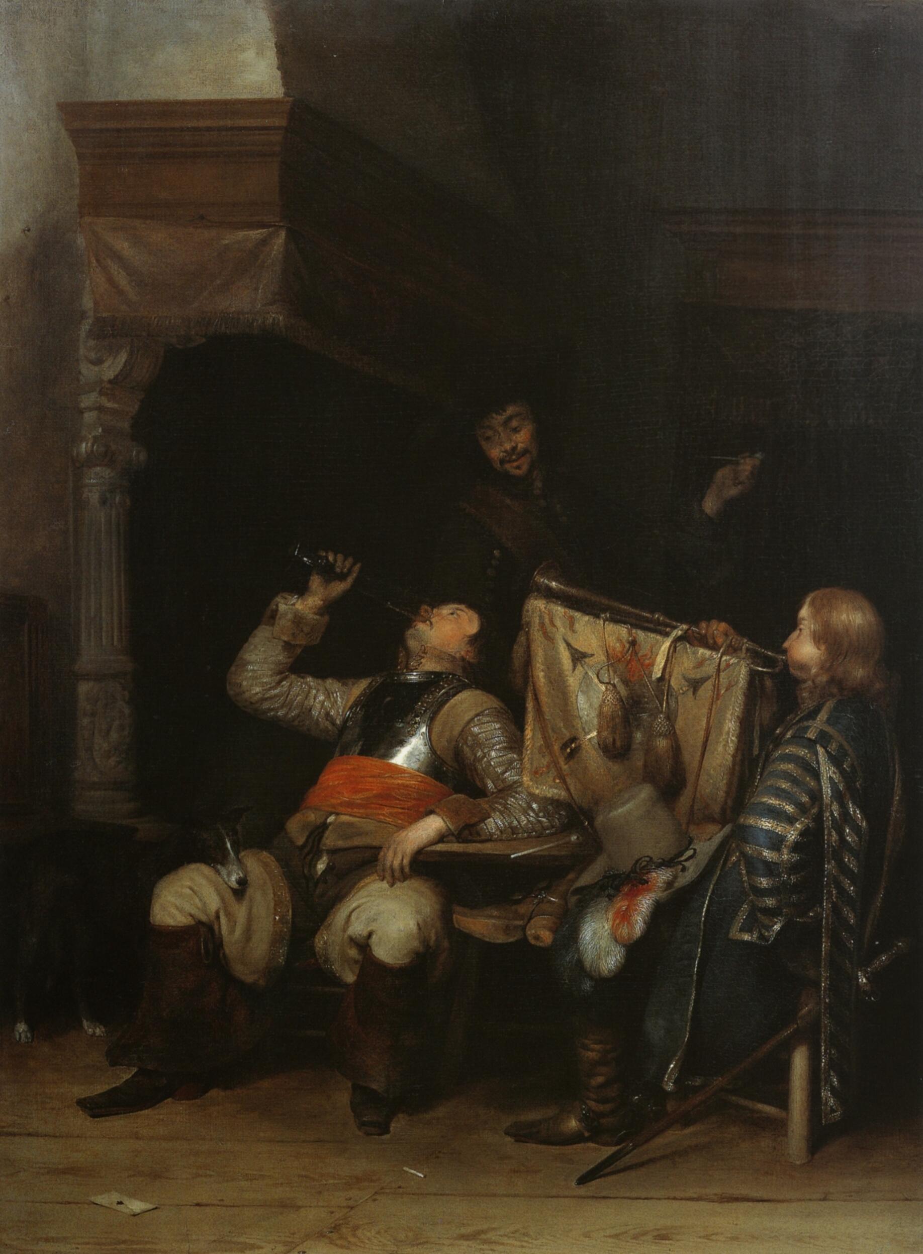 Des soldats boivent, fument et jouent de la musique à l'intérieur - Gerard ter Borch image 1 tableau peint à l’huile sur toile