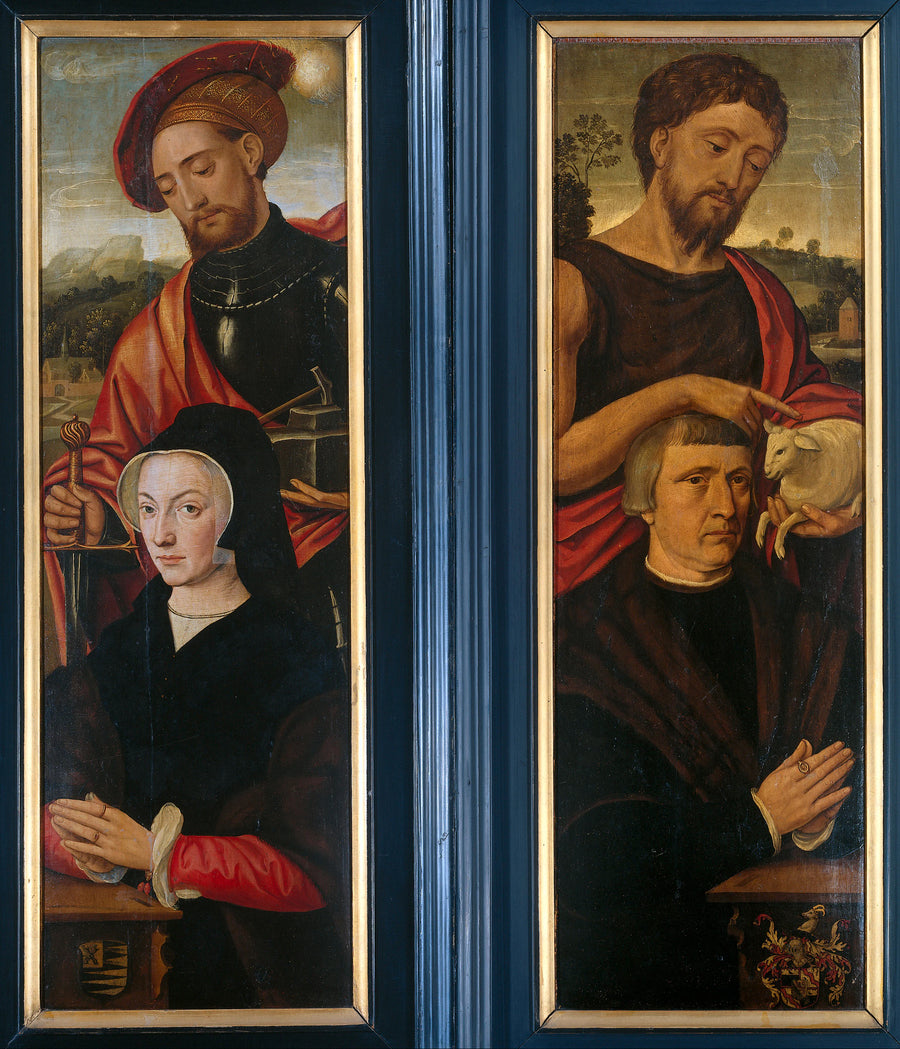 Deux ailes d'un triptyque, avec les portraits d'un homme et d'une femme, accompagnés respectivement de Jean-Baptiste et de saint Adrien - Pieter Pourbus