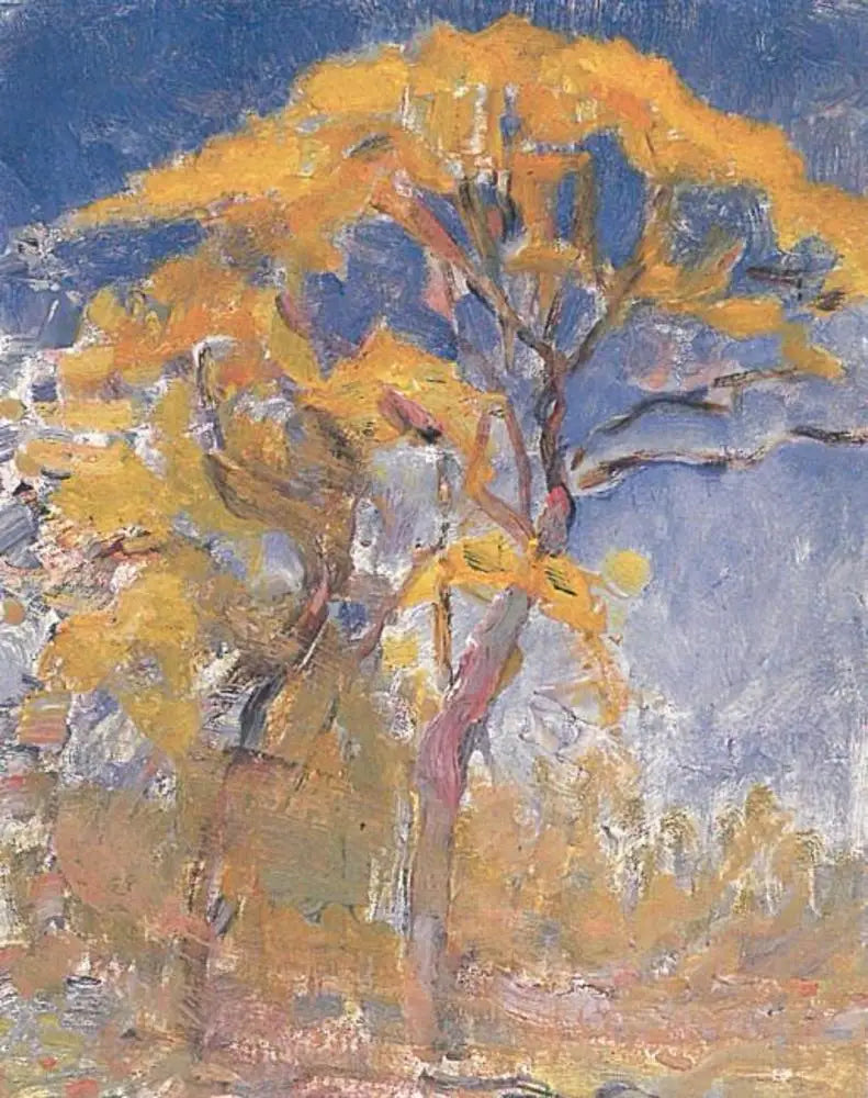 Mavi gökyüzüne karşı turuncu yapraklı iki ağaç - Piet Mondrian