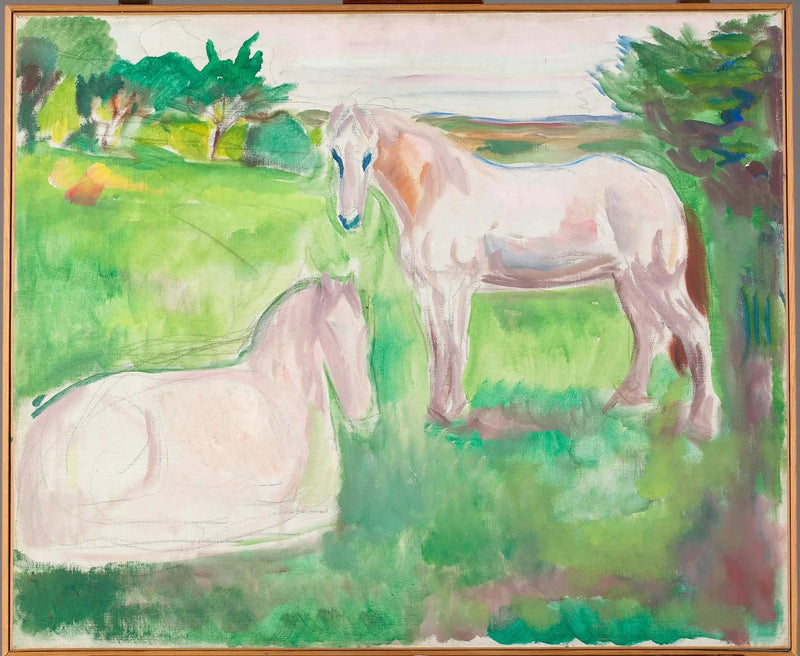 Yeşil bir merada iki beyaz at - Edvard Munch