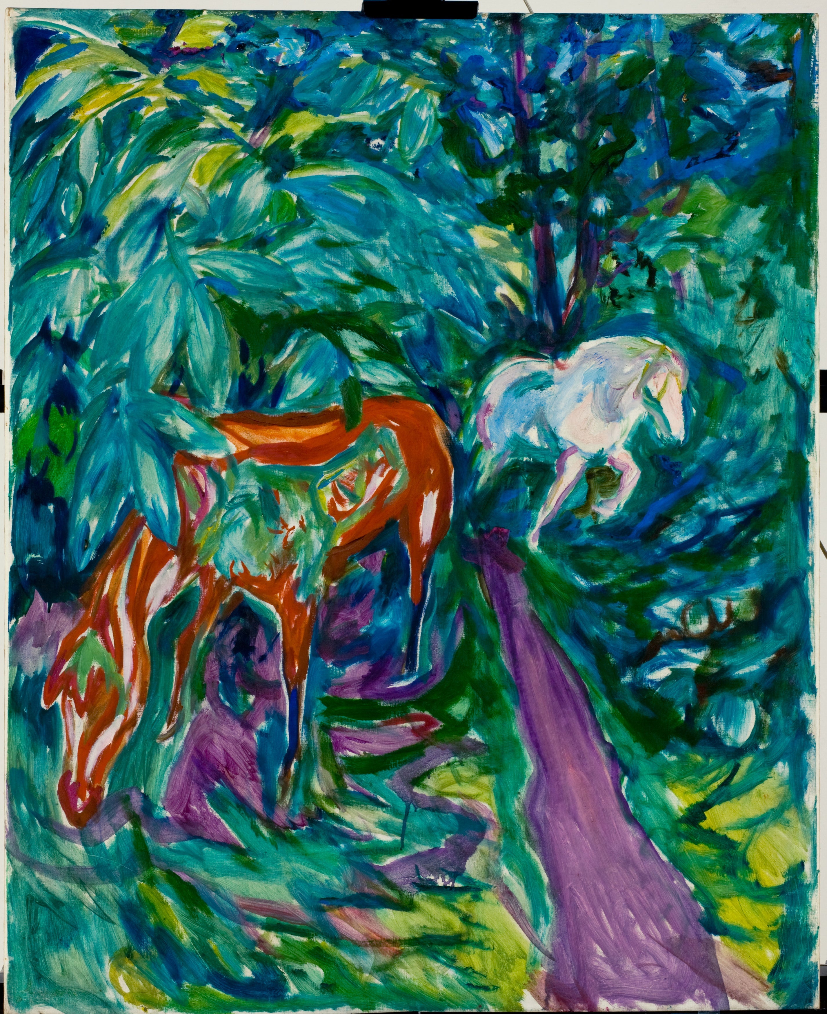Reproduction du tableau « Deux chevaux en forêt - Edvard Munch » par Alpha Reproduction en peinture à l’huile