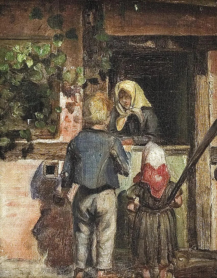 İki çocuk ve yaşlı bir kadın bir kapının önünde duruyor. - Anna Ancher