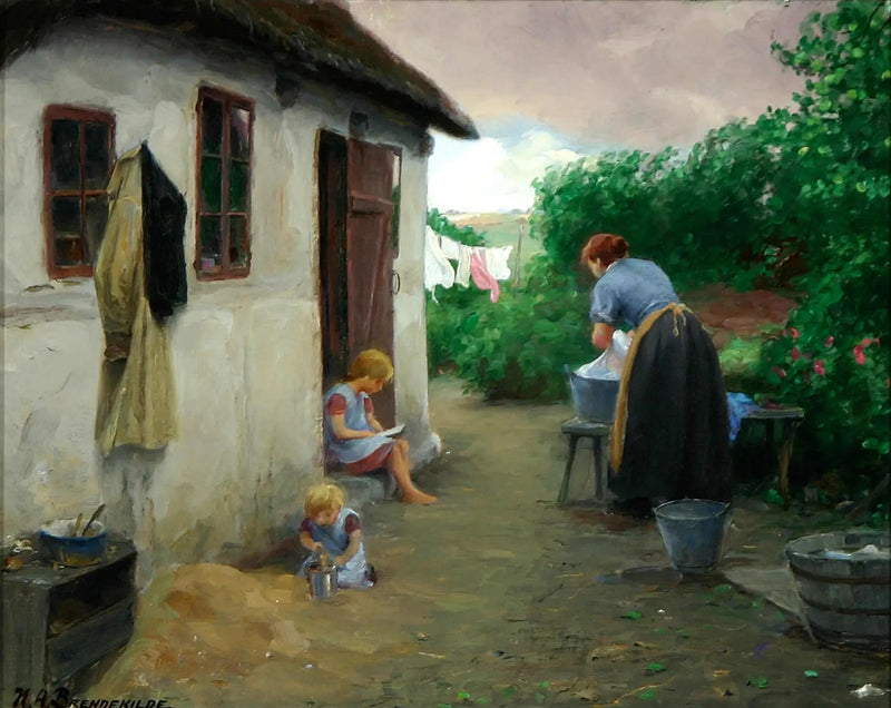 İki kız ve anneleri bir çiftliğin yakınında. - H. A. Brendekilde