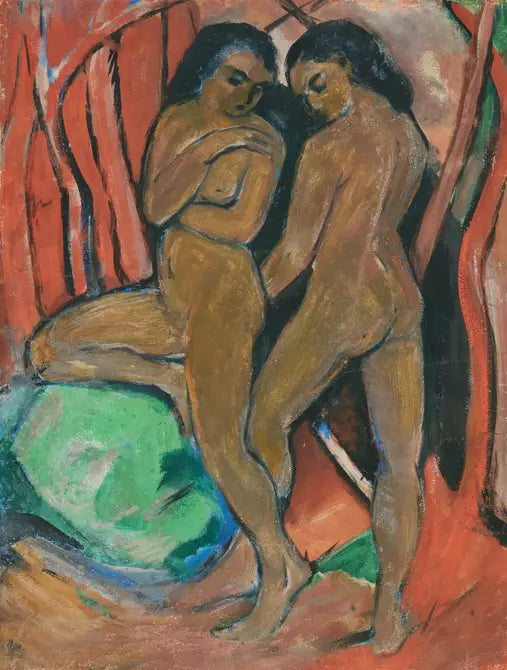 Yeşil bir taşla ayakta duran iki çıplak kız - Franz Marc
