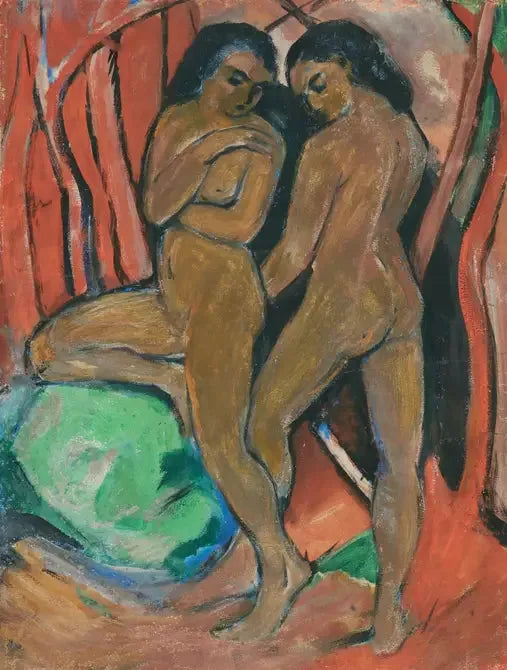 Yeşil bir taşla ayakta duran iki çıplak kız - Franz Marc
