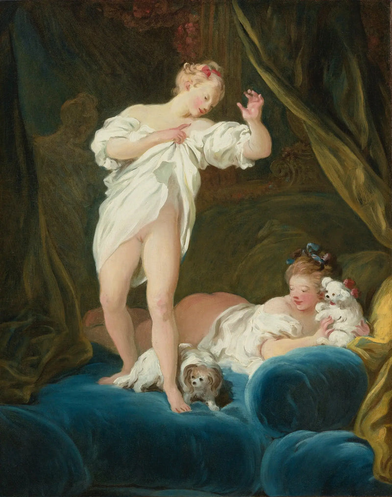 İki kız yatakta köpekleriyle oynuyor - Jean-Honoré Fragonard