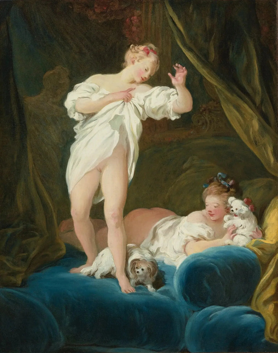 İki kız yatakta köpekleriyle oynuyor - Jean-Honoré Fragonard