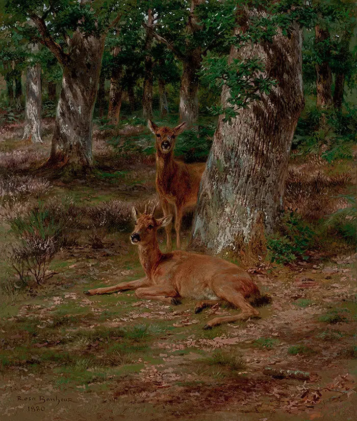 İki genç geyik ormanda - Rosa Bonheur