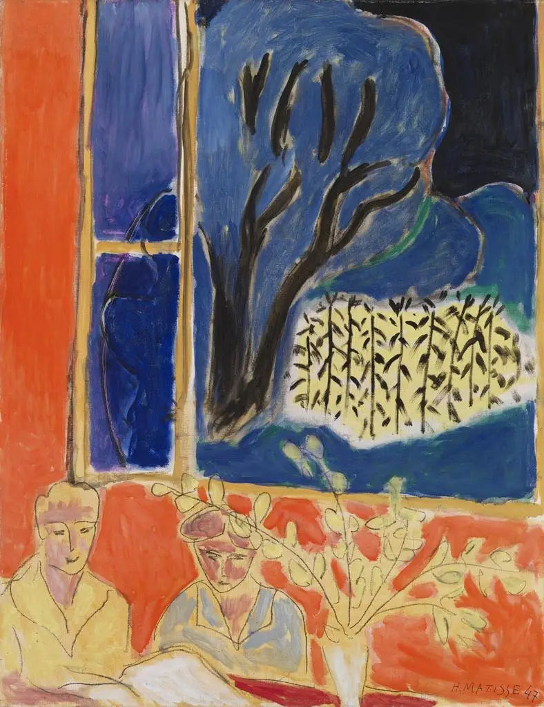 Mercan iç mekanında iki genç kız, mavi bahçe (İki kız çocuğu, mercan arka plan, mavi bahçe) - Henri Matisse
