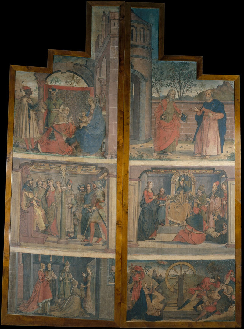 Altın bir rahle kapısından gelen iki masa, azize Catherine'in hayat sahneleriyle süslenmiş retablo - Pedro Berruguete