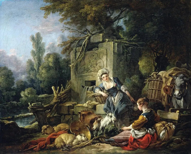 İki köylü, rustik bir çeşmenin yanında - François Boucher