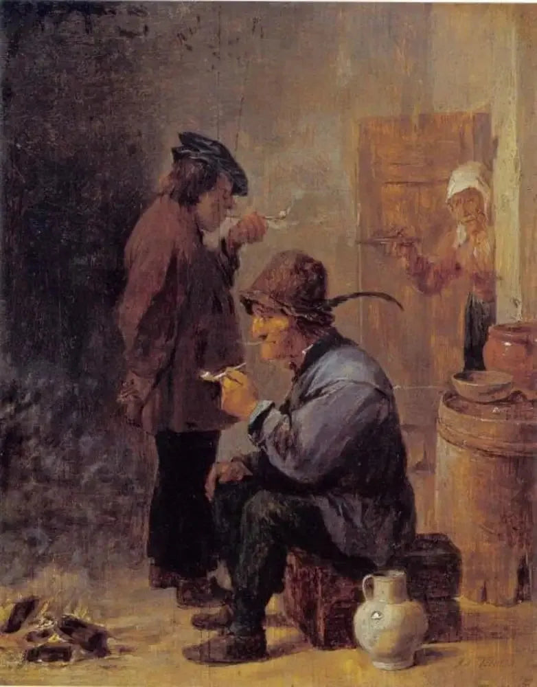 İki köylü kömür ateşinde sigara içiyor - David Teniers le Jeune