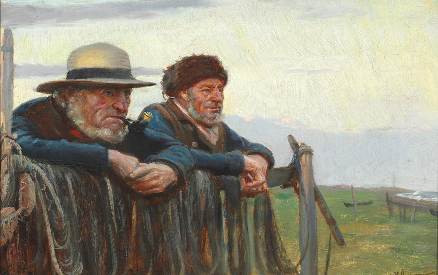 İki balıkçı Skagen plajında denizi izliyor. - Michael Peter Ancher