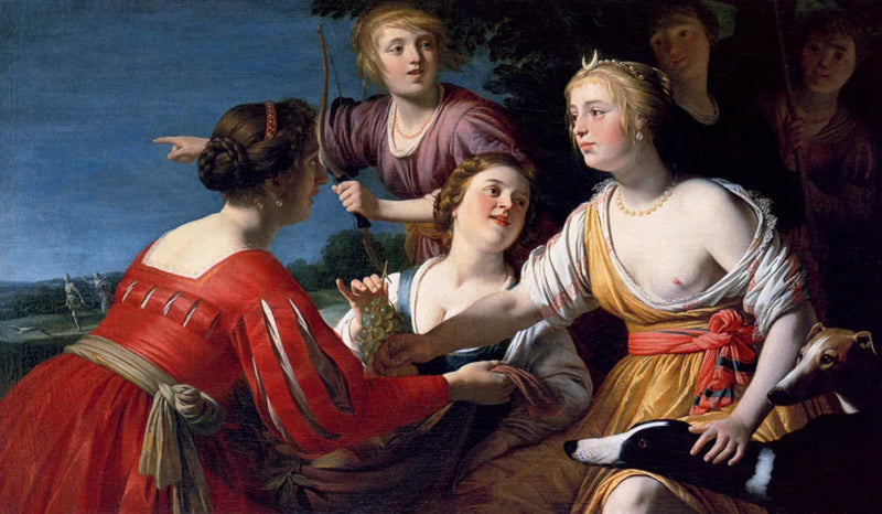 Diane avlandıktan sonra dinleniyor, çoban kızlar ve iki av köpeğiyle, ötesinde bir manzara - Gerrit van Honthorst
