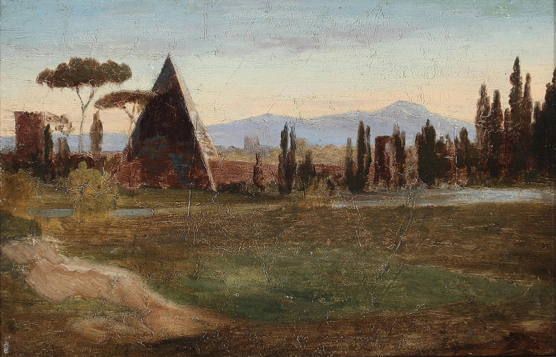 Roma Protestan Mezarlığı'ndan, Cestius Piramidi ve arka planda dağlar ile birlikte. - H. A. Brendekilde