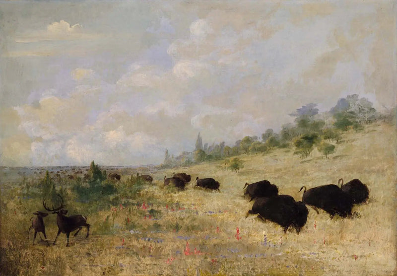 Çayırların çiçekleri arasında otlayan yaban geyikleri ve bizonlar, Teksas - George Catlin
