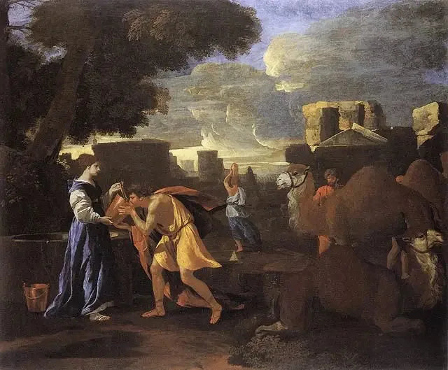 Eliézer ve Rebecca kuyuya veya Rebecca'nın Eliézer'in susuzluğunu dindirmesi. - Nicolas Poussin