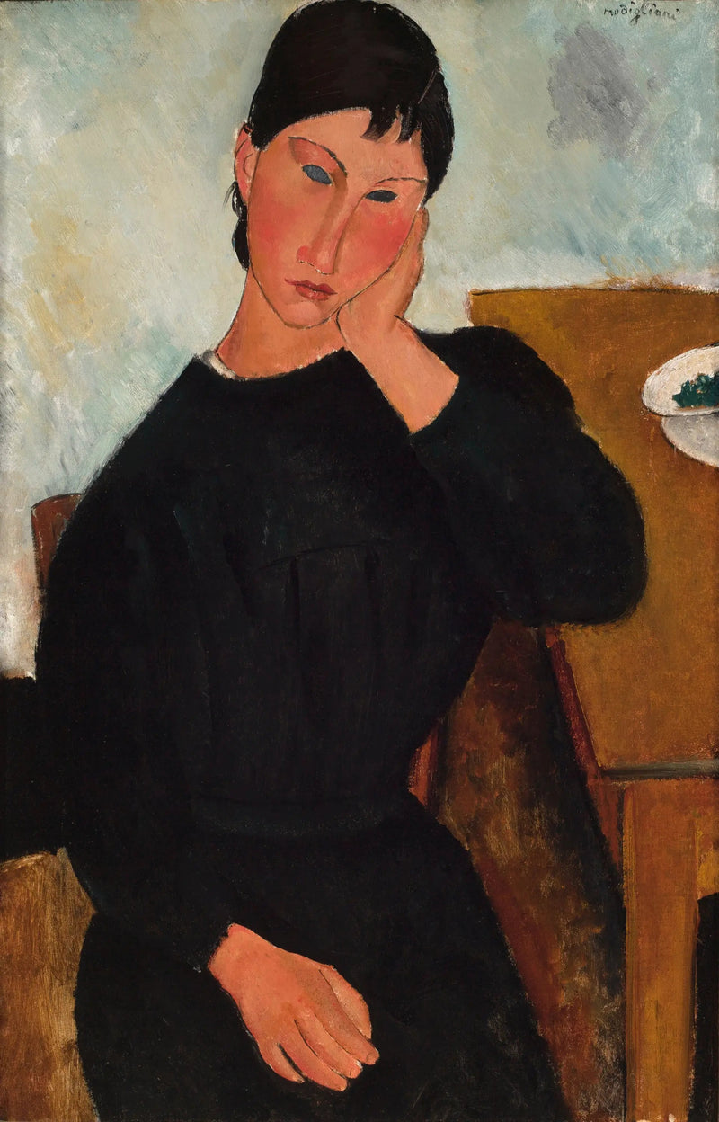 Elvire oturmuş, bir masaya yaslanmış - Amedeo Modigliani
