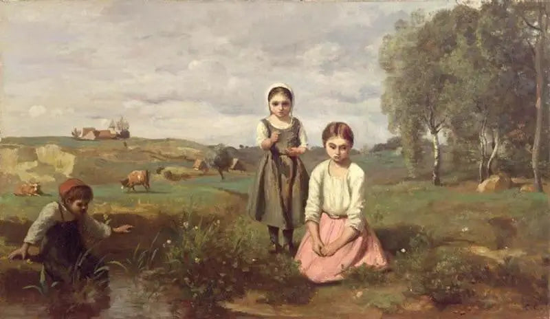Lormes'te kırsalda dere kenarında çocuklar - Jean-Baptiste Camille Corot